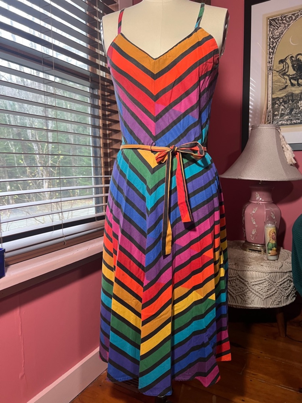 Rainbow Stripe V-Neck Midi Dress with Tie Belt